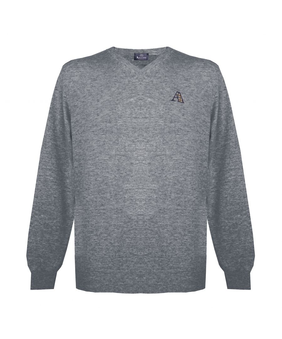Aquascutum Check A Logo Light Grey V-Neck Jumper. Aquascutum Check Logo Grey Knitwear Sweater. 50% Wool, 50% Acrylic. Branded A In Classic Check On Left Chest. Regular Fit, Fits True To Size. 822276 01
