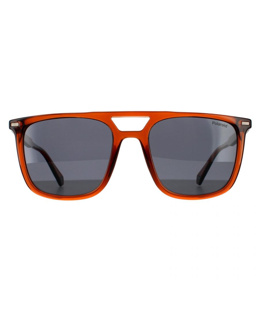 Polaroid Rectangle Mens Brown Grey Polarized Sunglasses Polaroid are a masculine rectangular style crafted from lightweight plastic featuring a double bridge and Polaroid branding on the slim temples.