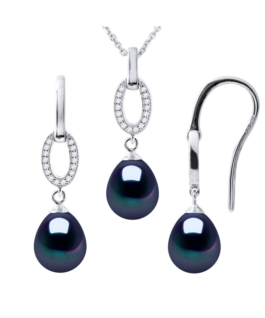 SET: Pearl Necklace Cultured Freshwater 8-9mm pear - BLACK - Zirconia Ring set - Knitwear convict 925 Thousandth rhodium - Length 42 cm & Earrings Freshwater Cultured Pearl pear 8- 9 mm - BLACK - paving pattern zirconium oxides - hook system - 925 thousandth - Delivered in a case with a certificate of authenticity and an international guarantee - All our jewels are made in France.