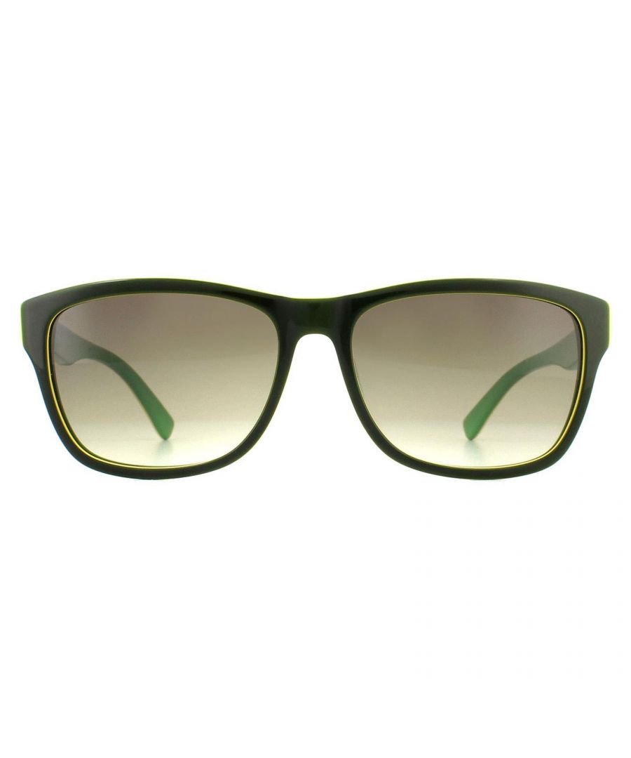 Lacoste Sunglasses L683S 315 Black Green Grey are a classic rectangular almost wayfarer style shape with the camo colours of Lacoste and of course the crocodile logo on the temple.