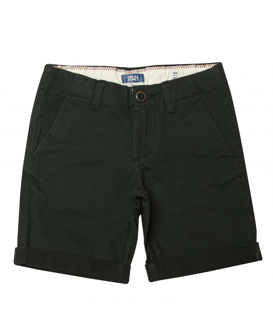Junior Boys Jack Jones Chino Shorts in black.- Zip fly and button fastening.- Four pockets.- Branding tag on back.- Rolled cuffs.- Regular fit.- 98% Cotton  2% Elastane.- Ref:12237165