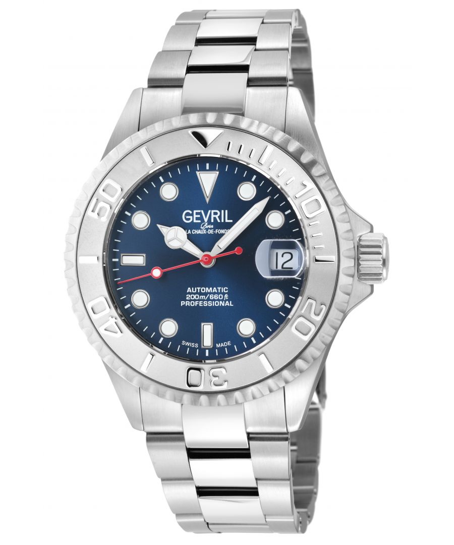 Gevril Men's Wall Street Light Blue Sunray Dial, SIlver Bezel, 316L Stainless Steel Bracelet Watch.