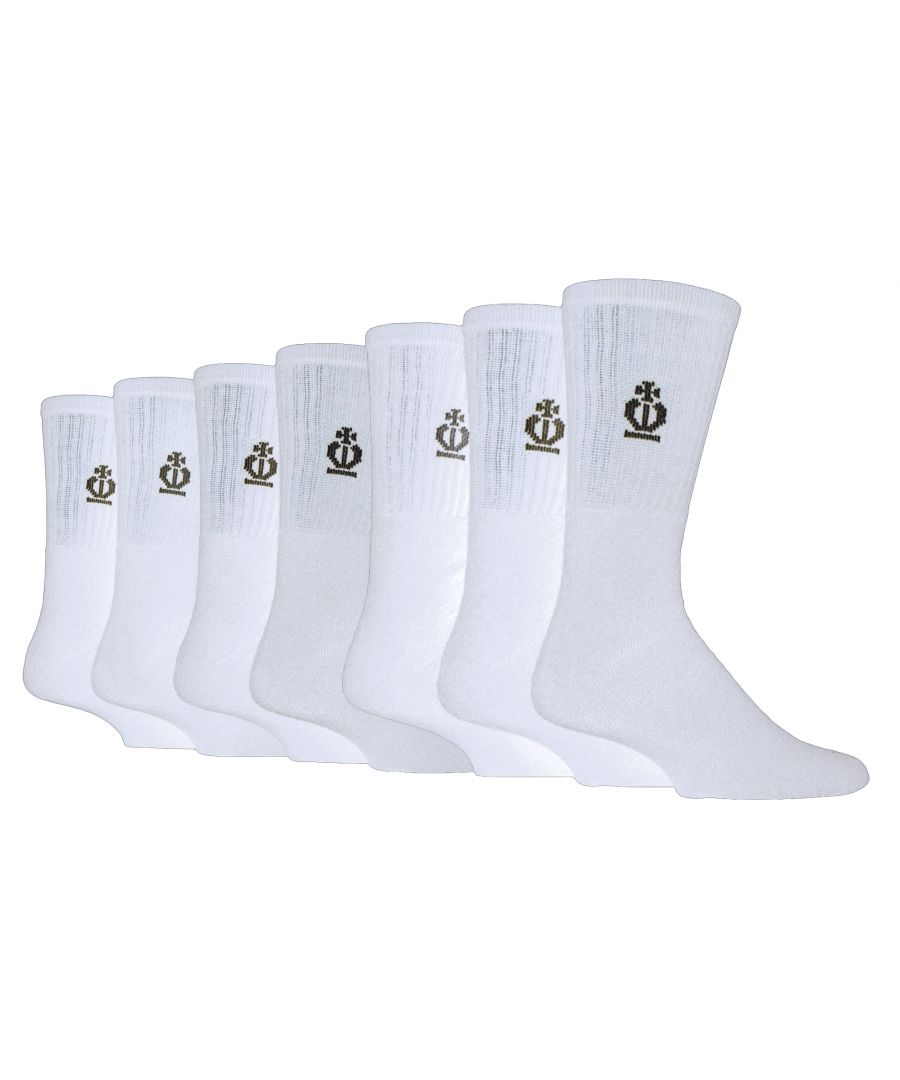 jeff banks - 7 pack mens cushioned cotton ribbed crew sport socks - white - size uk 7-11
