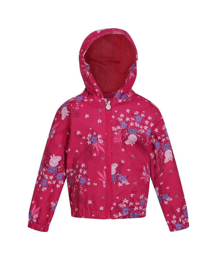 Material: 100% Polyester. Fabric: Hydrafort. Lining: Mesh, Taffeta. Design: Butterflies, Flowers, Logo, Plants. All-Over Print, Lined, Printed Name Label, Reflective Trim, Sealed Seams, Taped Seams. Fabric Technology: DWR Finish, Waterproof. Cuff: Elasticated. Neckline: Hooded. Sleeve-Type: Long-Sleeved. Hood Features: Elasticated, Grown On Hood. Pockets: 2 Lower Pockets. Fastening: Full Zip. Hem: Elasticated. 100% Officially Licensed. Characters: Peppa Pig.