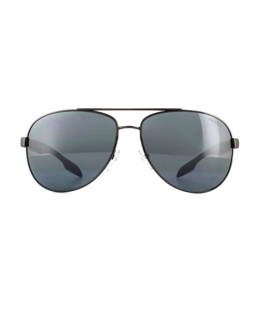 Prada Sport Sunglasses 53PS 5AV5L0 Gunmetal Light Grey Mirror Black are a superb sleek aviator style with the Prada Linea Rossa prominently placed on the middle of the arms where usually it is placed on the top of the arm. The curvy arms really work well and the effortless style is a winner.