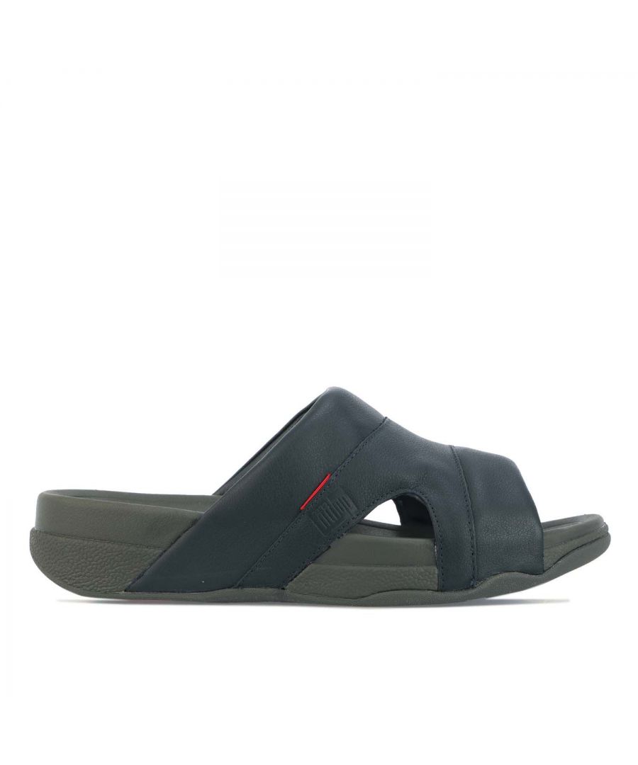 Mens Fit Flop Freeway Pool Slide In Leather Sandals in navy.- Leather upper.- Slip on fastening.- Average to wide fit.- Fitflop's supercushioned  pressure-diffusing original Microwobbleboard™ midsoles.- APMA* Seal of Acceptance. - Biomechanically engineered.- Seamless built-in arch contour.- Lab-tested for slip resistance.- Treaded rubber outsole.- Ref: L66097