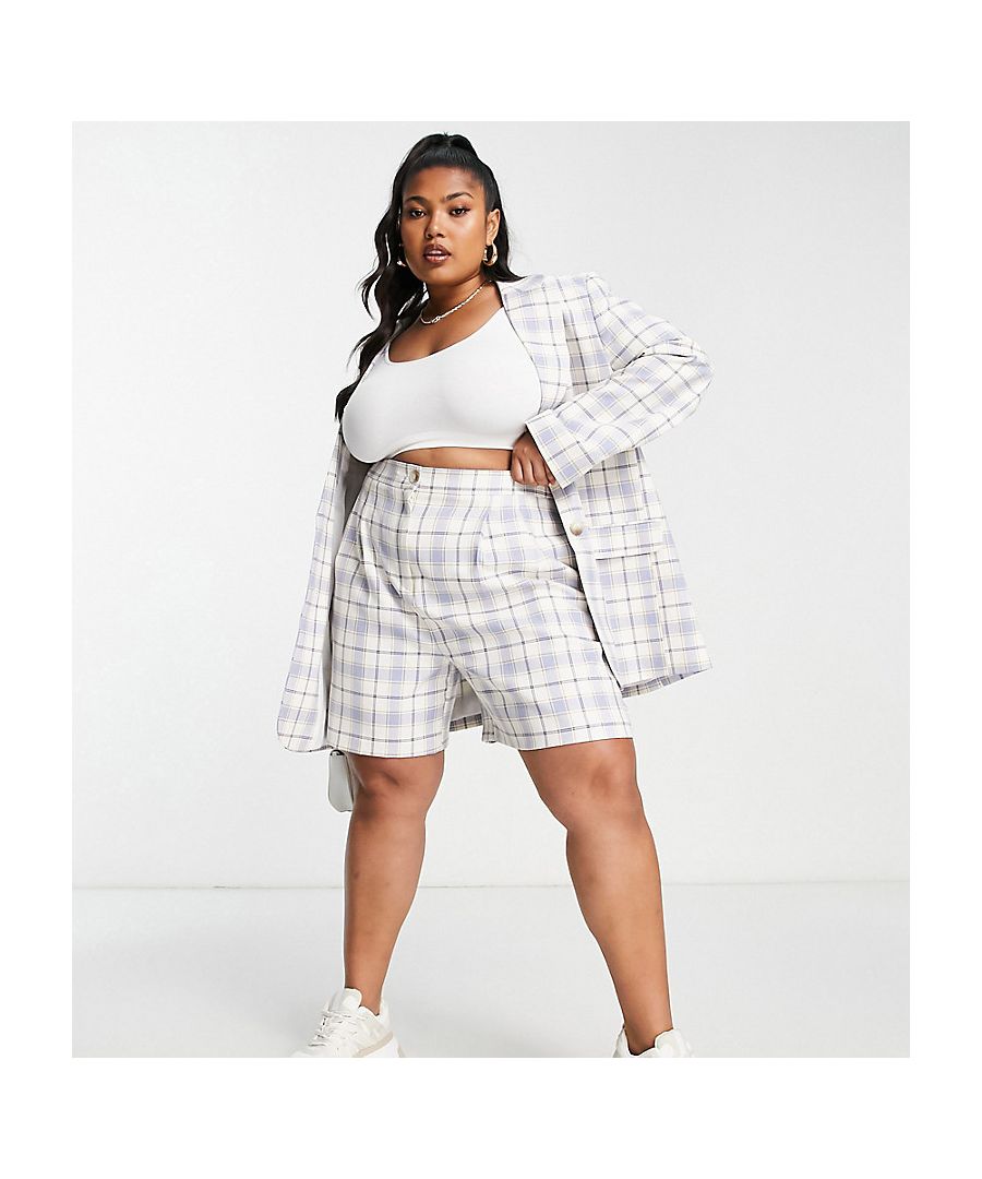 Plus-size shorts by ASOS DESIGN Part of a co-ord set Blazer sold separately Checked design High rise Zip fly with button fastening Side pockets Regular fit Sold by Asos