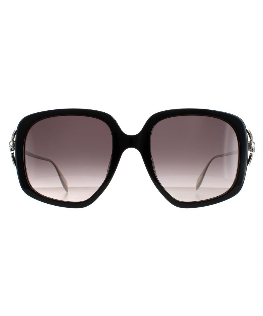 Alexander McQueen Square Womens Black Silver Grey Gradient AM0374S  Sunglasses are a stylish square style crafted from lightweight acetate. The Alexander McQueen logo is embedded on the slim temples for brand authenticity.