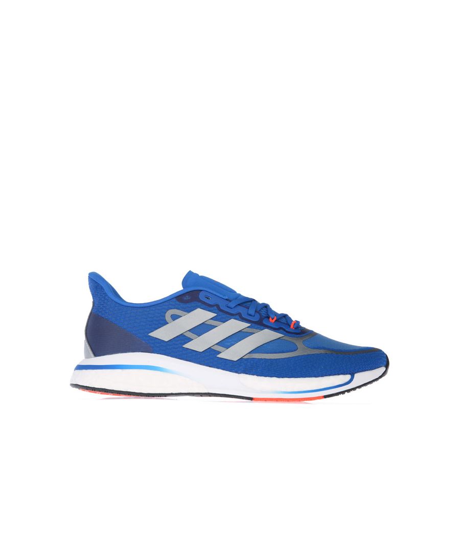 Mens adidas Supernova + Running Shoes in blue.- Mesh upper.- Lace closure.- Regular fit.- Seamless stretchy feel.- Reflective elements.- Linear and lateral support.- Boost and Bounce midsole.- Rubber outsole.- Textile upper  Textile lining  Synthetic sole.- Ref: FX6648