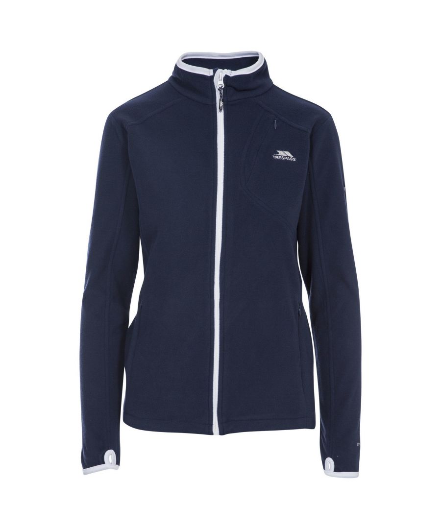 Contrasting low profile centre zip. 2 lower zipped pockets. 1 zipped chest pocket. Finished with contrast binding. Thumb loops. 100% Polyester. Trespass Womens Chest Sizing (approx): XS/8 - 32in/81cm, S/10 - 34in/86cm, M/12 - 36in/91.4cm, L/14 - 38in/96.5cm, XL/16 - 40in/101.5cm, XXL/18 - 42in/106.5cm.