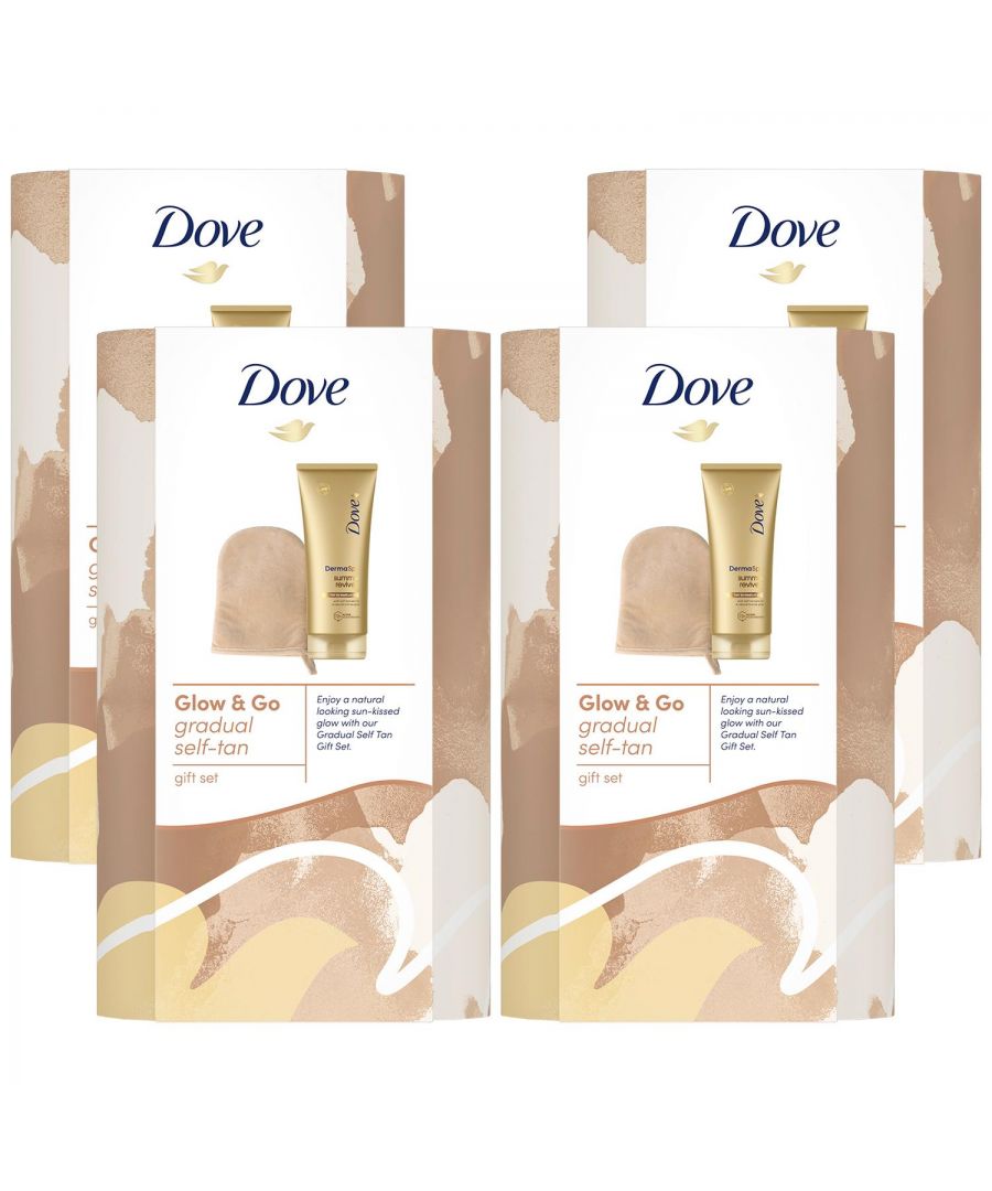 Dove Glow & Go Gradual Self Tan Lotion & Application Mitt Gift Set for Her 4 PK \n\nKnow someone who loves a natural-looking tan and superior skin care? You've just found the perfect gifts for her. For a sun-kissed appearance without the sunshine, the Dove Glow & Go Gradual Self Tan Gift Set offers a bronzed radiance all year round. Dove DermaSpa Summer Revived Fair to Medium Gradual Tanning Lotion combines the luxury of a home spa experience with extensive expertise in dermatological care. With self-tanners for a natural bronze glow, this self-tan lotion will leave her feeling her best whilst also working as a moisturiser providing 72h active hydration to her skin. \n\nThis set of gifts for women also features a tan application mitt designed specially to make all-over tan coverage easier. Help her look and feel her best no matter the occasion with this selection of pampering gifts from Dove. \n\nFeatures: \nCombines the luxury of a home spa experience \nContaining Cell-Moisturisers and natural-looking tanners \nLeaving skin feeling nourished and smooth for up to 72 hours \nThe tanning moisturiser provides a natural-looking bronze glow \nThis Dove gift set is beautifully packaged in a ready-to-wrap gift box \nThe tanning lotion allows a healthy-looking tan to gradually build over time \nFeaturing a tan application mitt designed specially to make all-over tan coverage easier \n\nHow to use: A smooth surface helps get a more even finish, so start by exfoliating your skin. To enjoy smooth, moisturised skin with a natural-looking tan, massage the lotion evenly over clean, dry skin with circular motions. \n\nEach Gift Set Includes: \n1x Dove DermaSpa Summer Revived Fair to Medium Tanning Lotion, 200ml\n1x Tan Application Mitt
