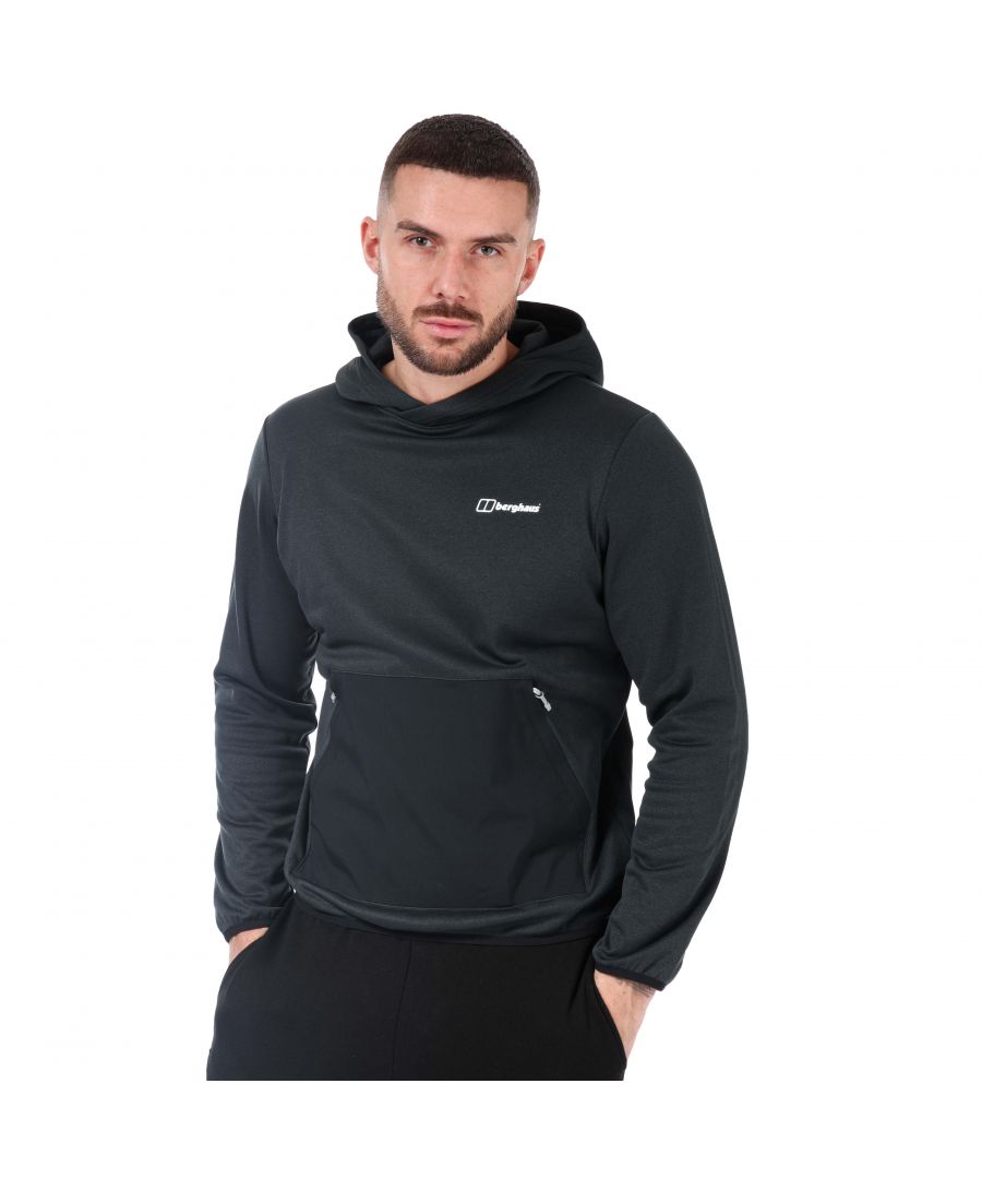 Mens Berghaus Cullain Hoody in black.- Fixed hood.- Zipped kangaroo pocket.- Stretch bound cuffs and hem.- Berghaus logo at the chest.- Regular fit.- Body: 64% Recycled Polyester  36% Polyester. Trim: 95% Polyamide  5% Elastane.- Ref:4A001035BP6