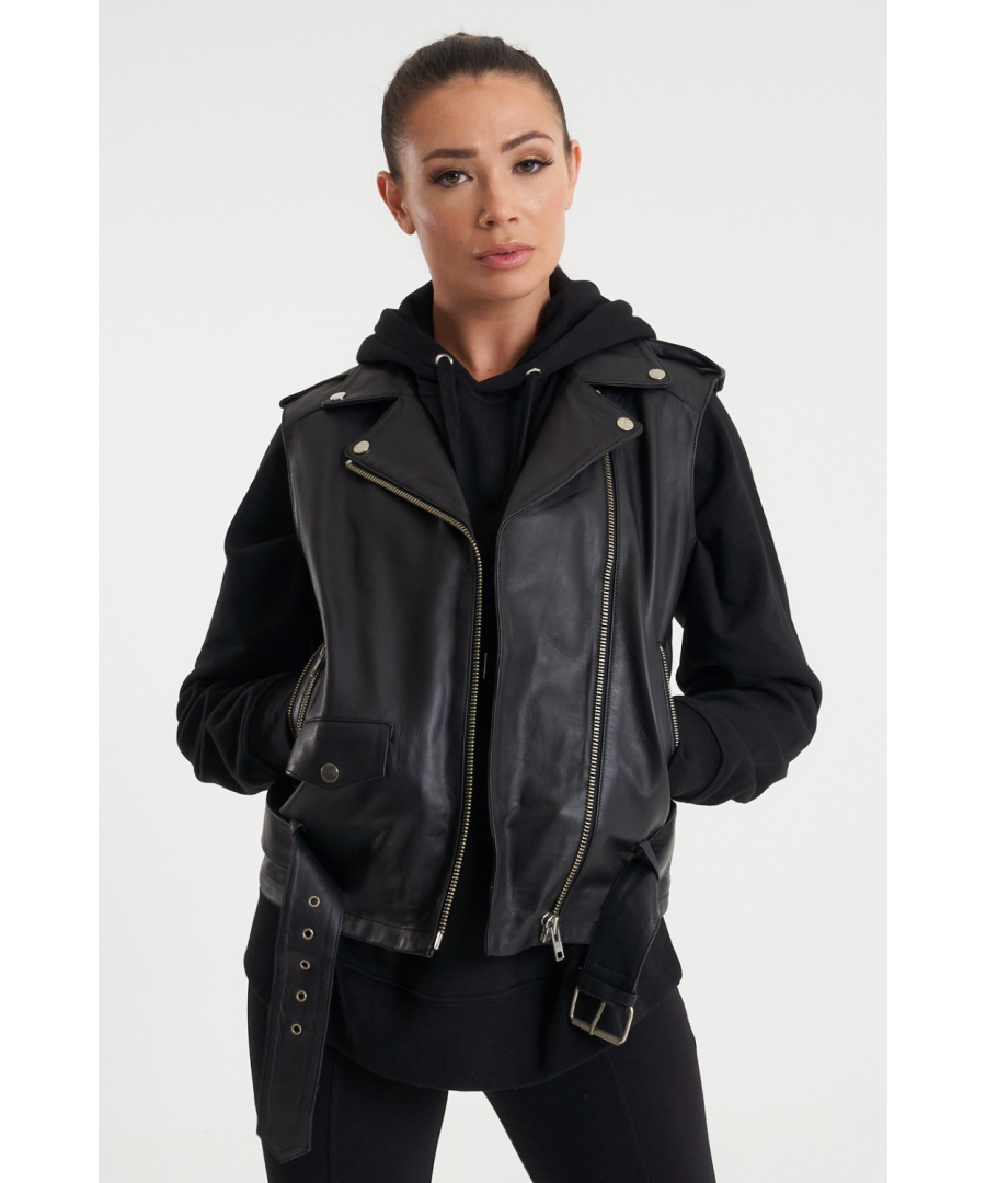 The BARNEYS ORIGINALS real leather biker vest is a great way to add attitude to any outfit. Sleeveless and belted, this biker vest looks amazing worn open or fully zipped, layered or loose.