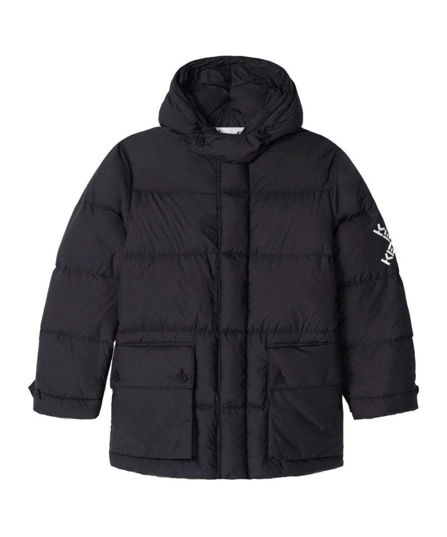 This Kenzo X down Jacket has long sleeves with velcro straps on the cuffs, hood with drawstrings, stoppers on the neckline, tone-on-tone button at the neckline, contrasting 