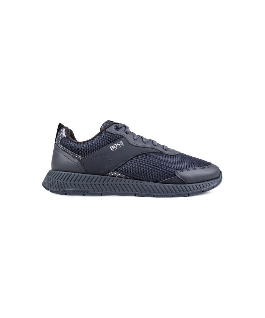 Luxe Up Your Look With The Titanium Runn Men's Trainers From Boss. Boasting A Striking Nylon Mesh Upper Featuring Invisible Eyelets, Metallic Gold Accented Heel Panel And Branding, This Futuristic Navy Performance Sneaker Is Finished With Nylon Lining And A Chunky Durable Rubber Outsole.