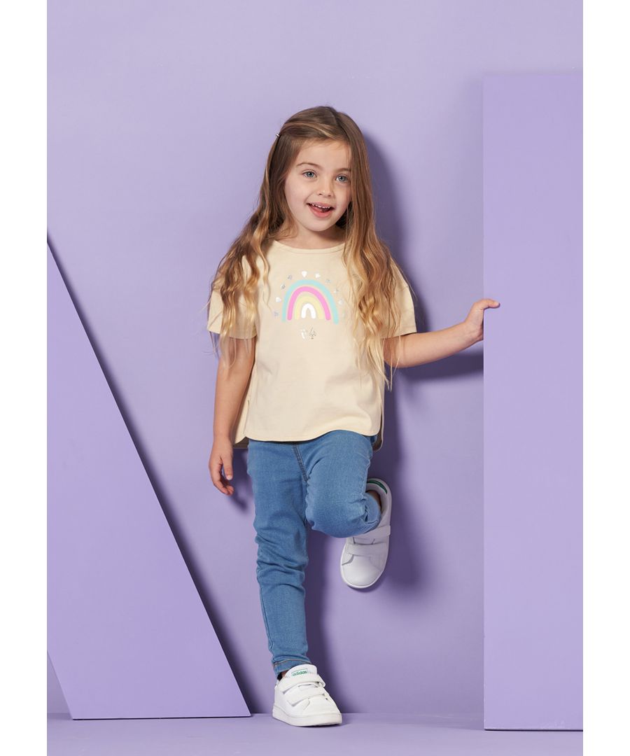 Paint the whole world with a rainbow . The cutest update your casual wardrobe. This super soft cotton T-shirt with a cool rainbow print is perfect to pair with denim  shorts or flippy skirts.  Angel & Rocket cares – made with fairtrade cotton. About me: 100% Cotton. Look after me – Think planet  wash at 30c