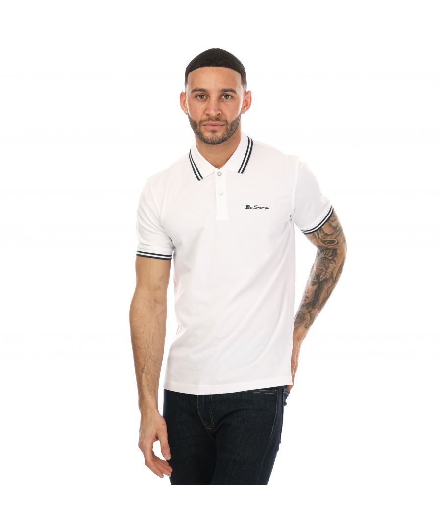 Ben Sherman Mens Twin Tipped Polo Shirt in White Cotton - Size X-Large