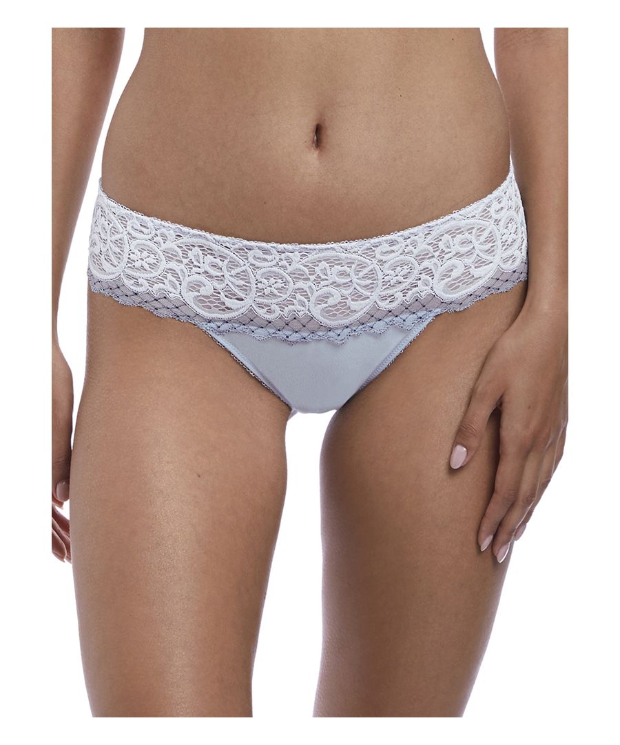 Wacoal Lace Essentiel Low Rise Tanga Thong.  This luxurious tanga thong has a two-tone stretch lace waist band with minimal rear coverage.  The front panel is lined with stretch mesh for modesty and the rear panel two-ply mesh sits flat to avoid VPL.  This range will make you feel luxurious whatever the occasion.