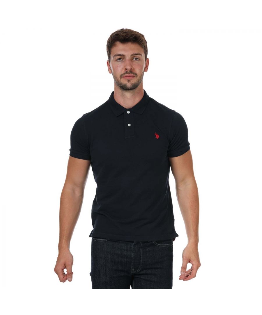 Mens US Polo Assn Pique Polo Shirt in navy.- Button down collar.- Short sleeves.- Two button placket.- Featuring the embroidered double horsemen for the USPA stamp of authenticity.- Ribbed cuffs.- 100% Cotton. - Ref: 63515179