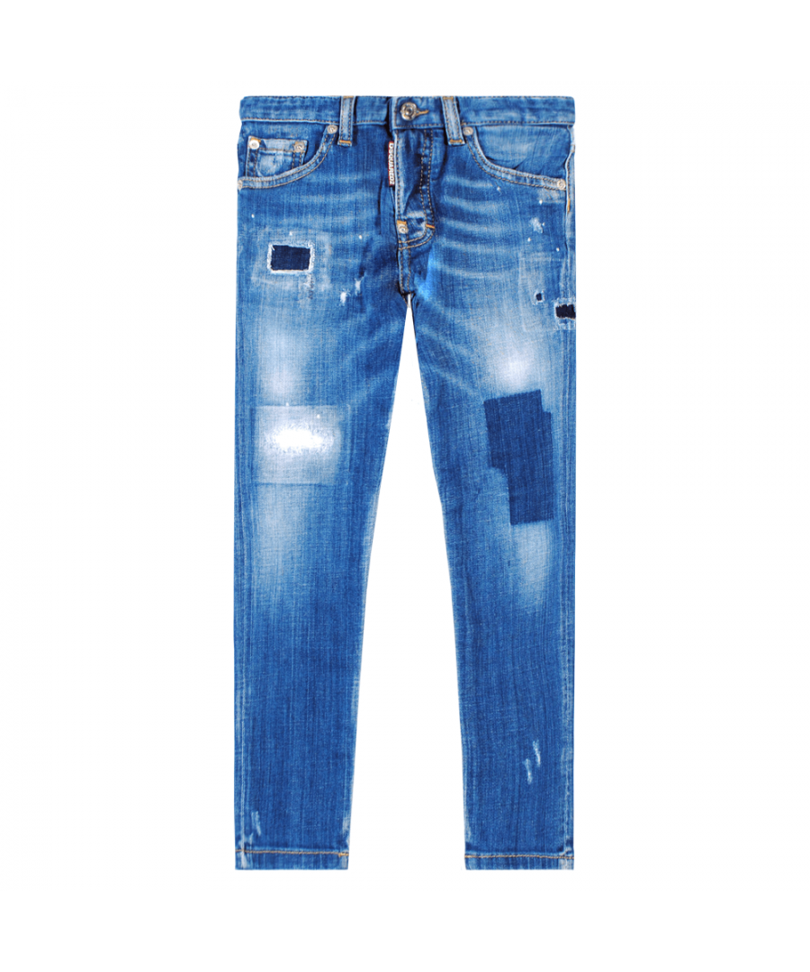 These SS19 Dsquared2 Kids Skater Jeans are crafted from vibrant blue denim and feature ripped patterns on the front of the jeans.