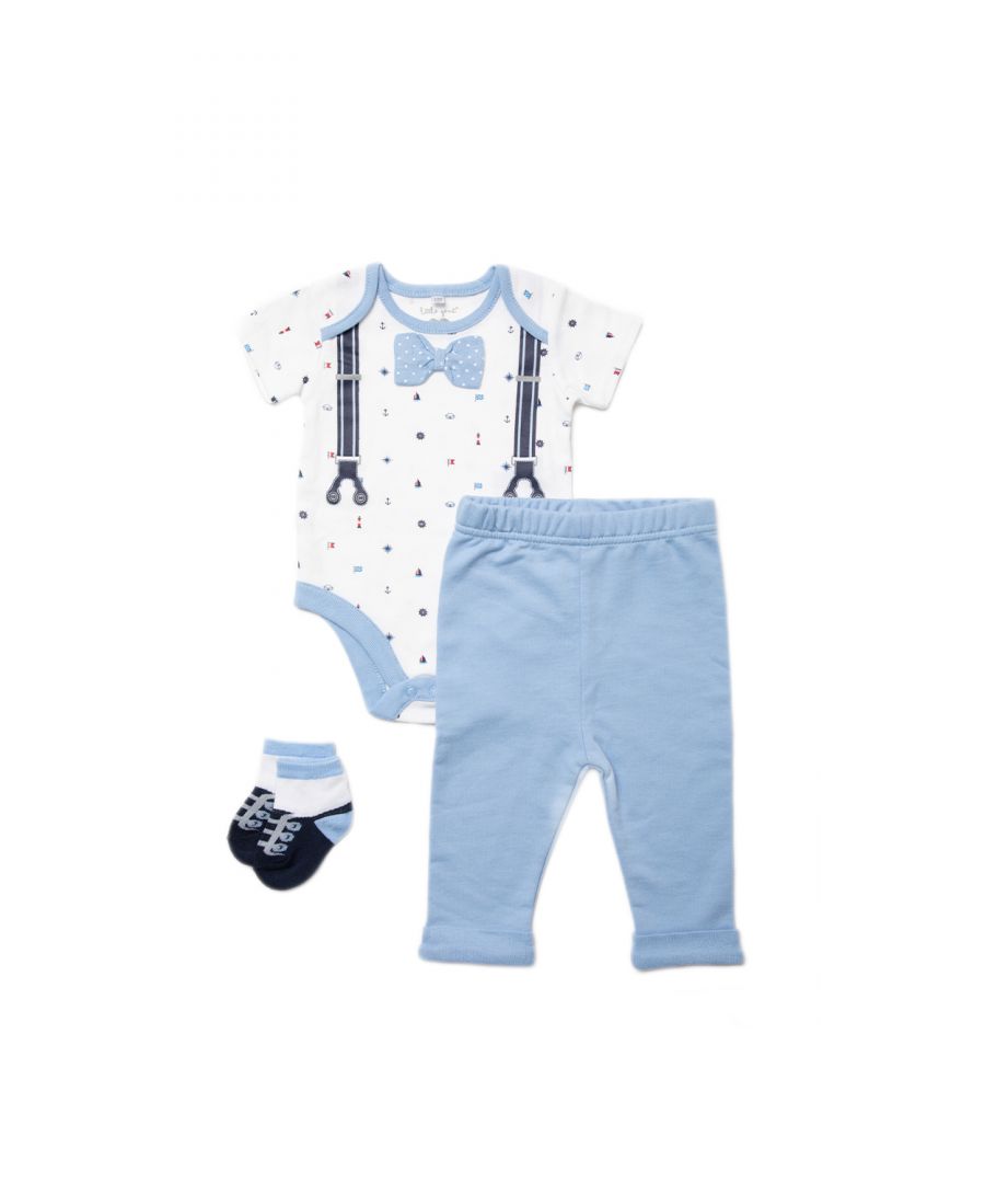 This Little Gent four-piece set features a charming nautical theme. The set includes a nautical printed bodysuit, with a bowtie and brace detailing, a pair of trousers, and a pair of little socks, imitating little smart shoes. Each item in the set is cotton with popper fastenings, keeping your little one comfortable. This set is the perfect gift or new addition to your little one’s wardrobe.