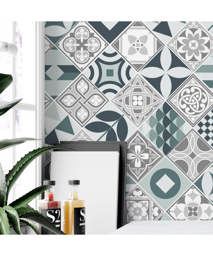 Image for Melvin Blue Grey Geometric Retro / Purbeck Stone Tiles Wall Stickers - 15 cm x 15 cm - 48 pcs. Tile Stickers, Kitchen And Bathroom, Peel And Stick Tiles