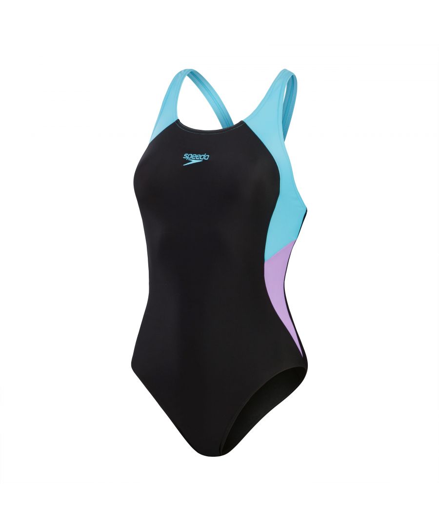 Speedo Womenss Colourblock Splice Muscleback Swimsuit in Black purple - Size 10 UK