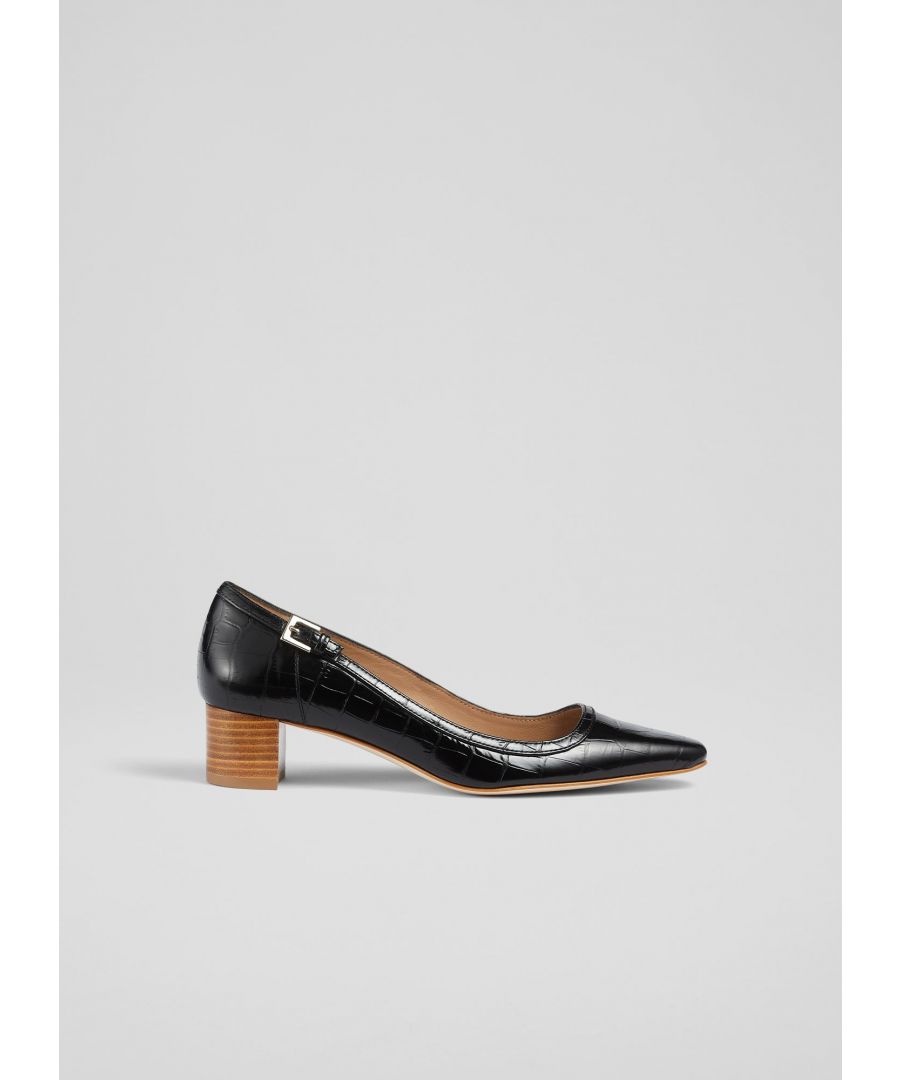 A chic, low-heeled court is an essential style in any shoe collection, and our new Amelia courts have a fun Sixties' feel to them. Crafted in Spain from elegant, croc-effect leather in classic black, they have a squared-off toe, a sleek shape, Sixties-style side buckle detail and a low, block stacked heel. Wear them as an alternative to a flat when you need to elevate things a little.