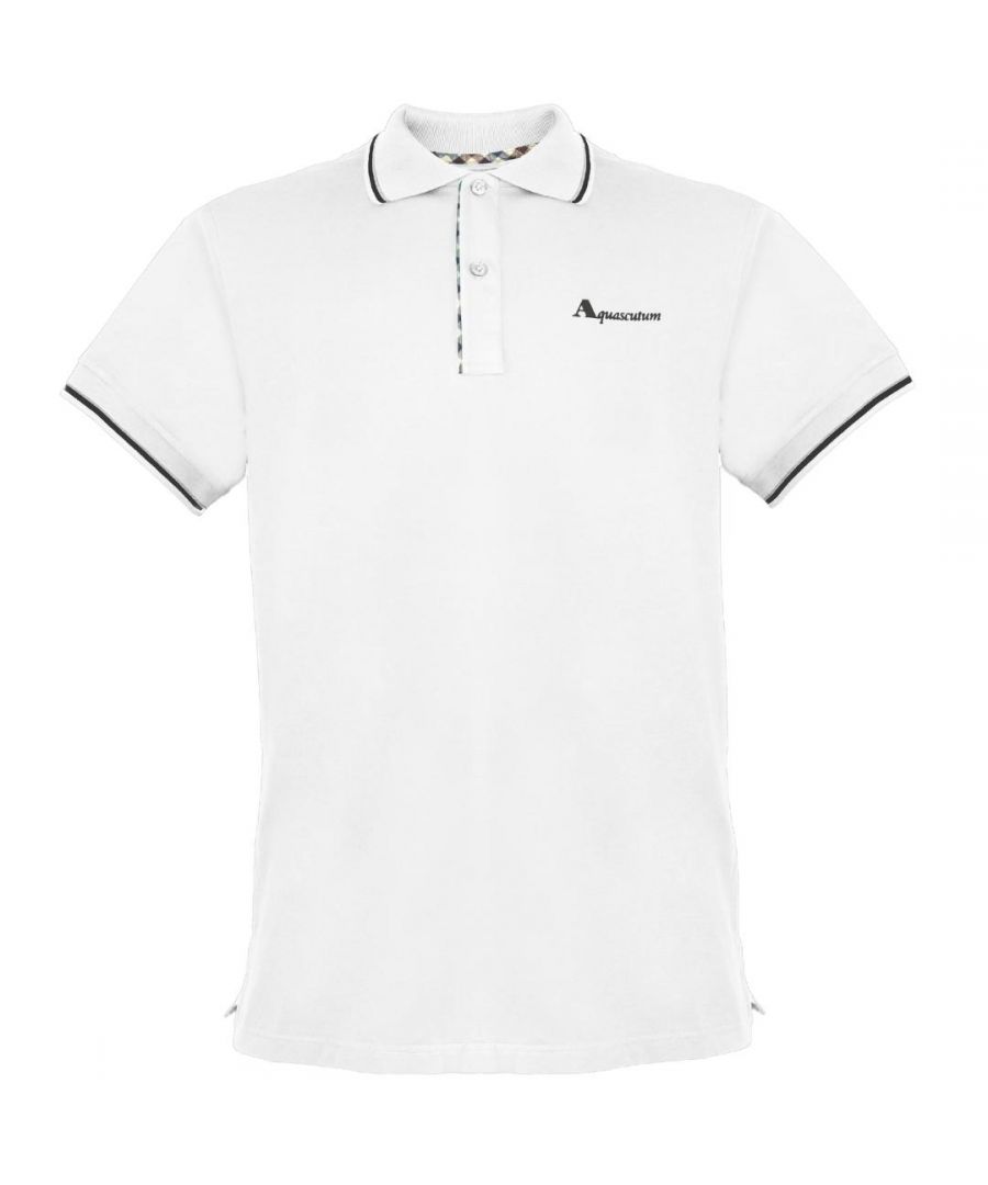 Aquascutum Tipped Sleeve White Polo Shirt. Branded Logo, Short Sleeves. Stretch Fit 95% Cotton 5% Elastane. Regular Fit, Fits True To Size. QMP028 01