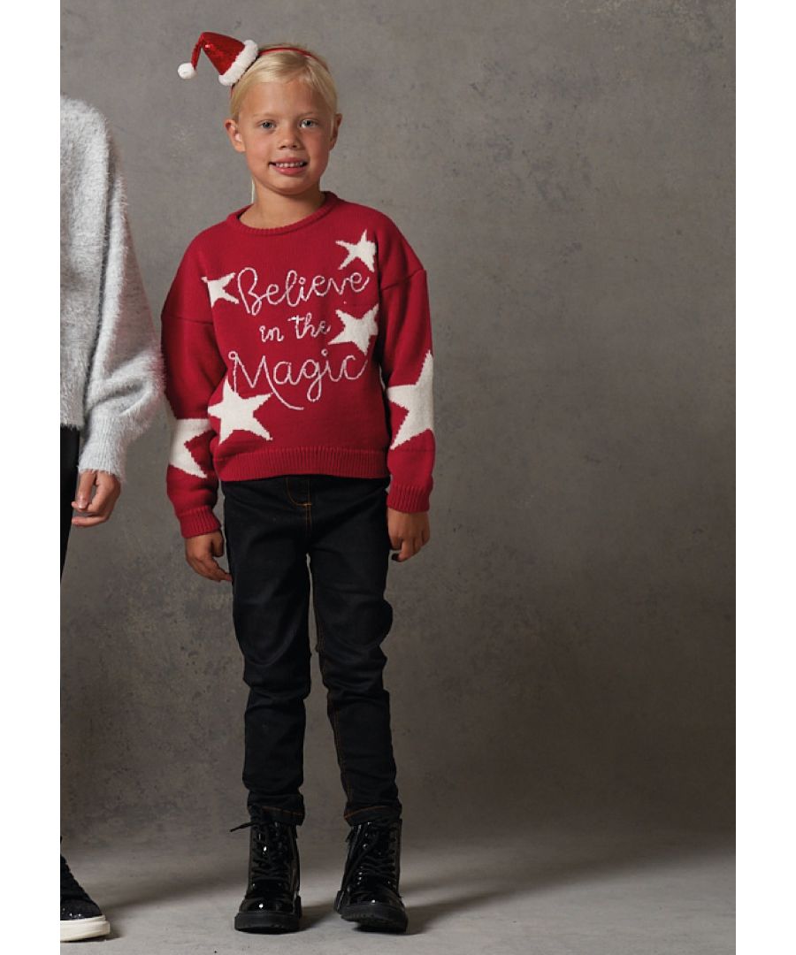 Believe in the magic in this super soft star jumper. The perfect snuggly feel good Christmas knit with sequin slogan and fluffy stars. I believe!  Angel & Rocket cares - Made with fairtrade cotton  Red  About me: 80% Acrylic 10% Viscose 10% Wool  Look after me: Think planet  wash at 30c