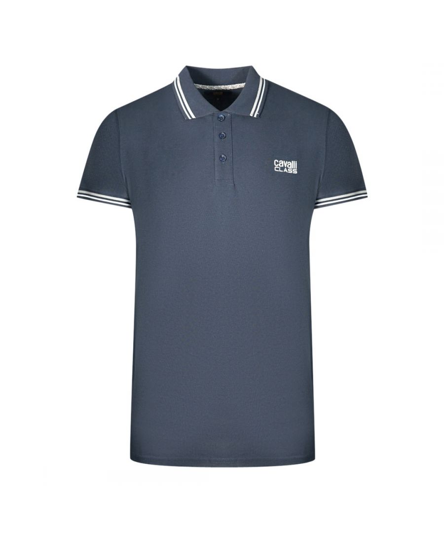 Cavalli Class Twinned Tipped Collar Black Logo Navy Blue Polo Shirt