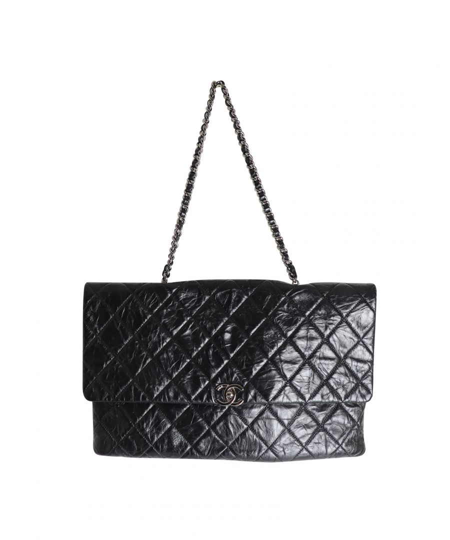 chanel pre-owned womens metallic crumpled big bang large flap bag in black calfskin leather - one size