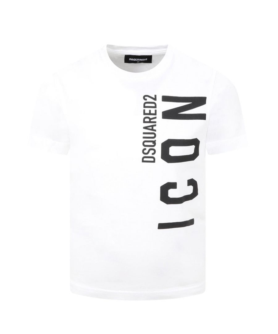 This Dsquared2 Boys Icon Logo T-shirt in White is crafted from cotton and features a crew neck, short sleeves and the Icon down logo at the front.\n\nCrew neck\nShort sleeves\nIcon print