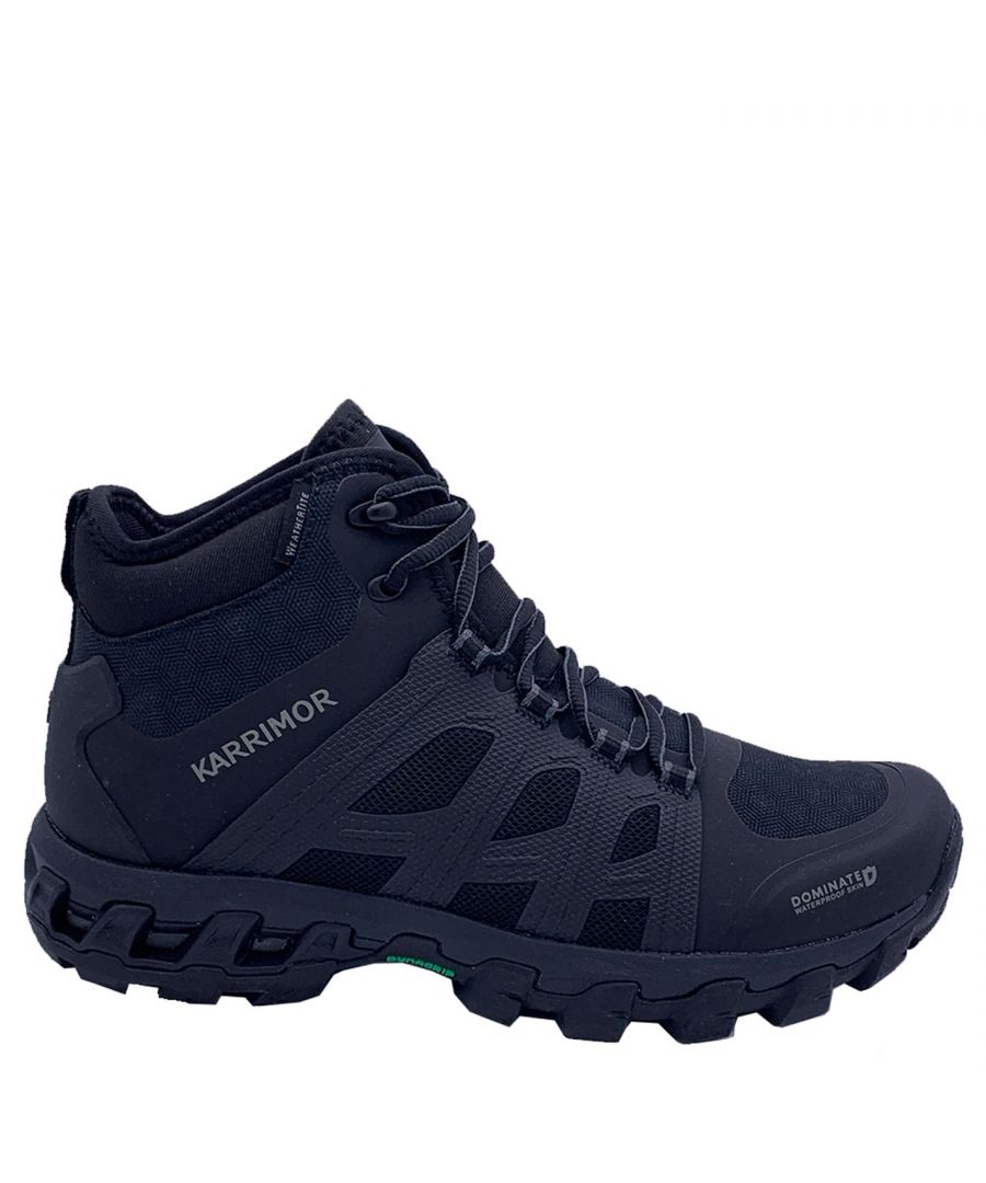 Karrimor Dominator Boots  These Karrimor Dominator Boots are crafted with lace fastening and a padded ankle collar for a secure, supported fit. They feature cushioned insole for comfort and a moulded sole for grip on the toughest terrains. These trainers are designed with a signature logo and are complete with Karrimor branding.