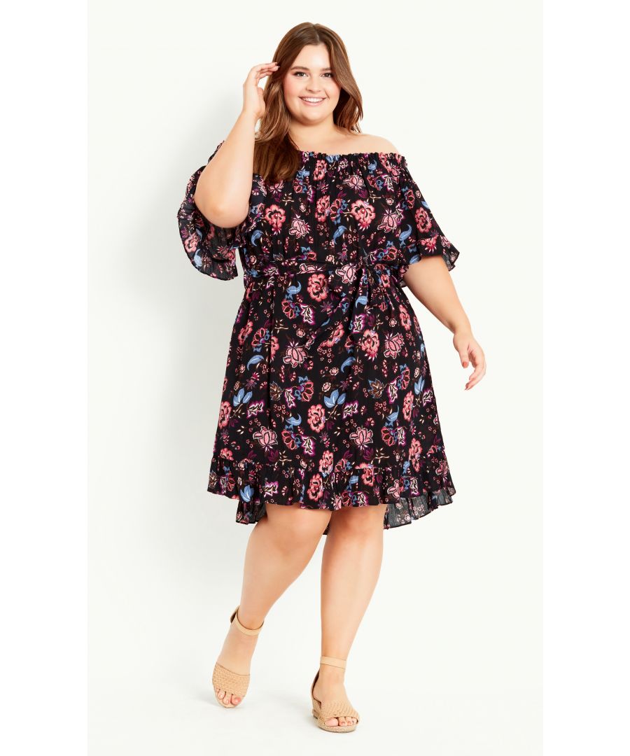 Take your summer style to all new heights with the gorgeously feminine Floral Bardot Dress! This frock features an off-shoulder neckline and floaty flared sleeves, as well as a comfortable relaxed fit and eye-catching floral print. Key Features Include: - Elasticated off-shoulder neckline - Elbow-length sleeves - Removable self-tie waist belt - Textured non-stretch fabrication - Relaxed fit - Pull over style - Unlined - Above knee length For holiday vibes, team with espadrille sandals and a round rattan bag.