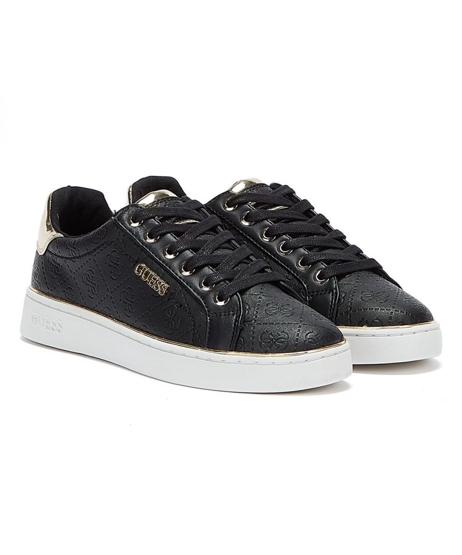 A luxurious tennis shoe style trainer from GUESS featuring a monogram embossed upper and striking gold hardware including reinforced eyelets, a contrast heel panel and GUESS branding to the quarter and tongue. The black colourway of this iteration makes for an opulent and chic silhouette. \n\n- Heel height 3cm \n- Rubber sole
