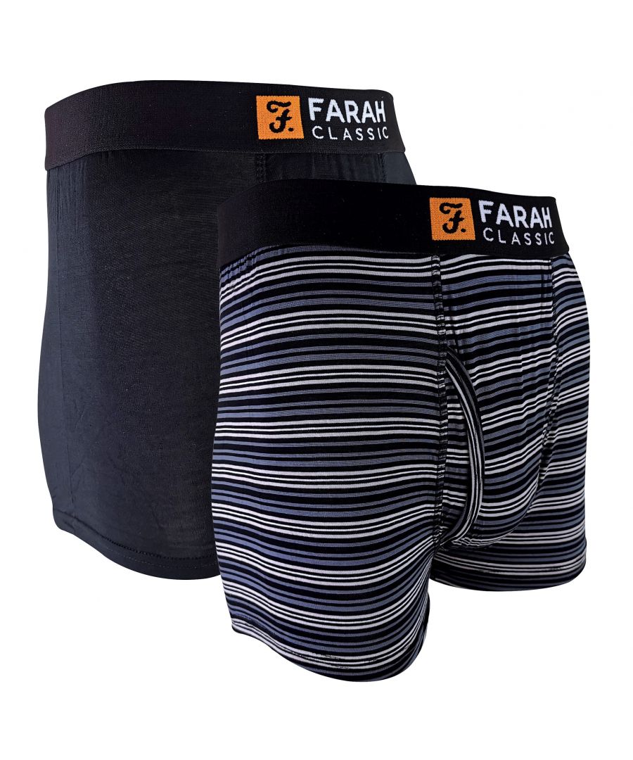 Farah 2 Pack Striped Bamboo TrunksIf you're looking for comfort, these Bamboo Trunks are perfect for you. With its striped design and different colours, you'll never get bored from wearing these Bamboo Trunks.Made from natural Bamboo materials, these trunks will feel soft and lightweight. The keyhole fly allows easy access and conveniently, these trunks are tagless! The trunks are available in sizes S- 2XL UK and are available in different colours. These trunks come in a pack of 2 trunks. They are made from 95% Viscose from Bamboo, 5% Elastane.Extra Product DetailsMens Striped Bamboo TrunksKeyhole FlyTagless Care LabelSoft Brushed Waistband Natural Bamboo Materials2 Pack