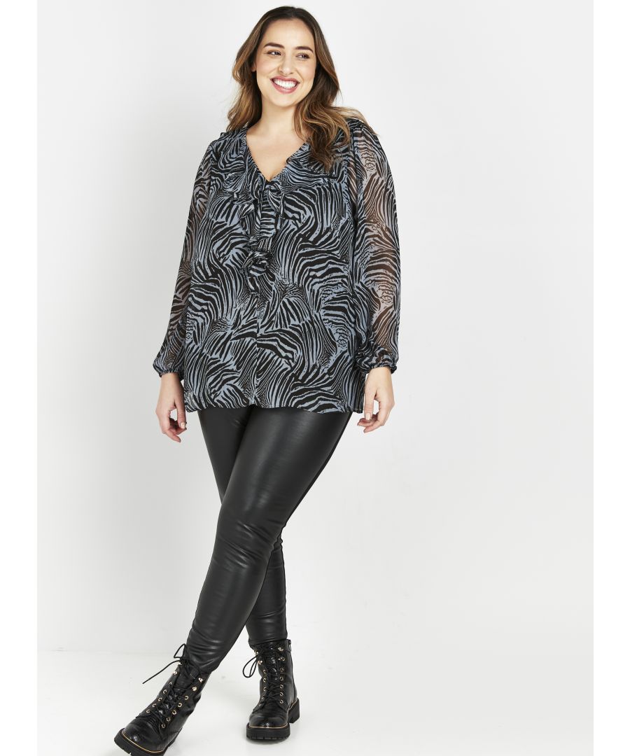 Bring a pop of print to your everyday outfit with our oh-so striking Frill Front Top! Featuring a trendy zebra print, frilled neckline and long sleeve coverage, you can take this top from desk to dinner in an instant. Key Features Include: - Frilled V-neckline - Long elasticated sleeves - Relaxed fit - Pull over style - Hip length Swap out trousers and ballet pumps for a leather look mini skirt and strappy heels to take this look into the night.