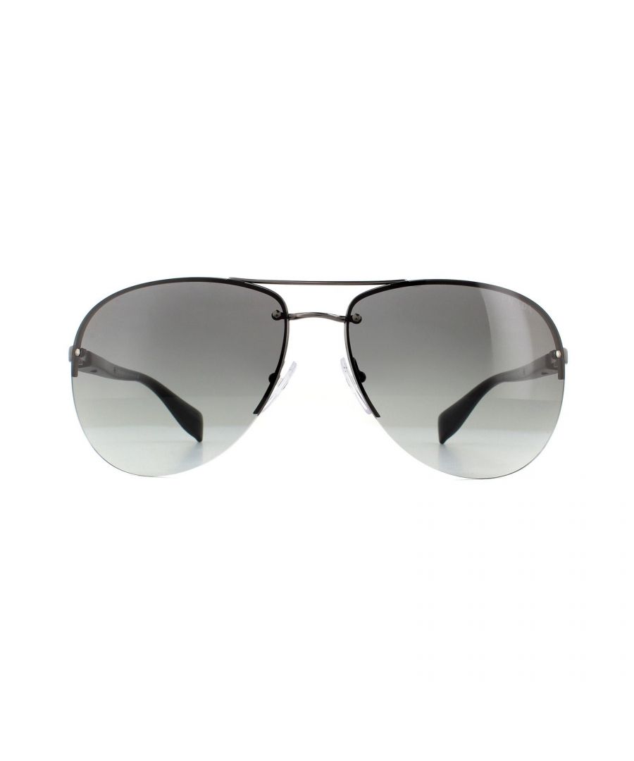 Prada Sport Sunglasses 56MS 5AV3M1 Gunmetal Grey Gradient are a semi-rimless frame in the aviator style with a thin metal frame and relatively slim acetate arms with the classic Linea Rossa red stripe along the arms.