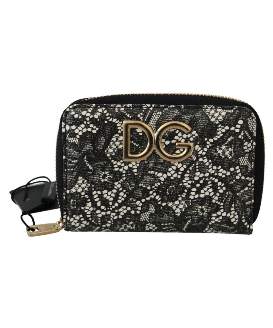Image for Dolce & Gabbana Black White Floral Lace Leather Zip Around Wallet