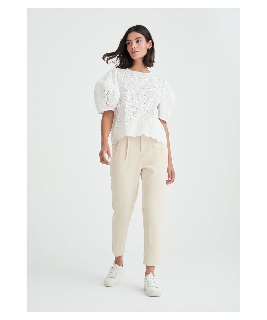 A versatile essential, this top is cut from a broderie fabric. The top features relaxed fit and voluminous sleeves which add that extra bit of drama. Pair it with paperbag trousers and trainers for a casual look.\n\nShort balloon sleeves, scallop hem and button keyhole.\n\nPerfect for: Work and casual days.\n\nRegular fit. Our model wears a UK 8 and is 175cm/5'9