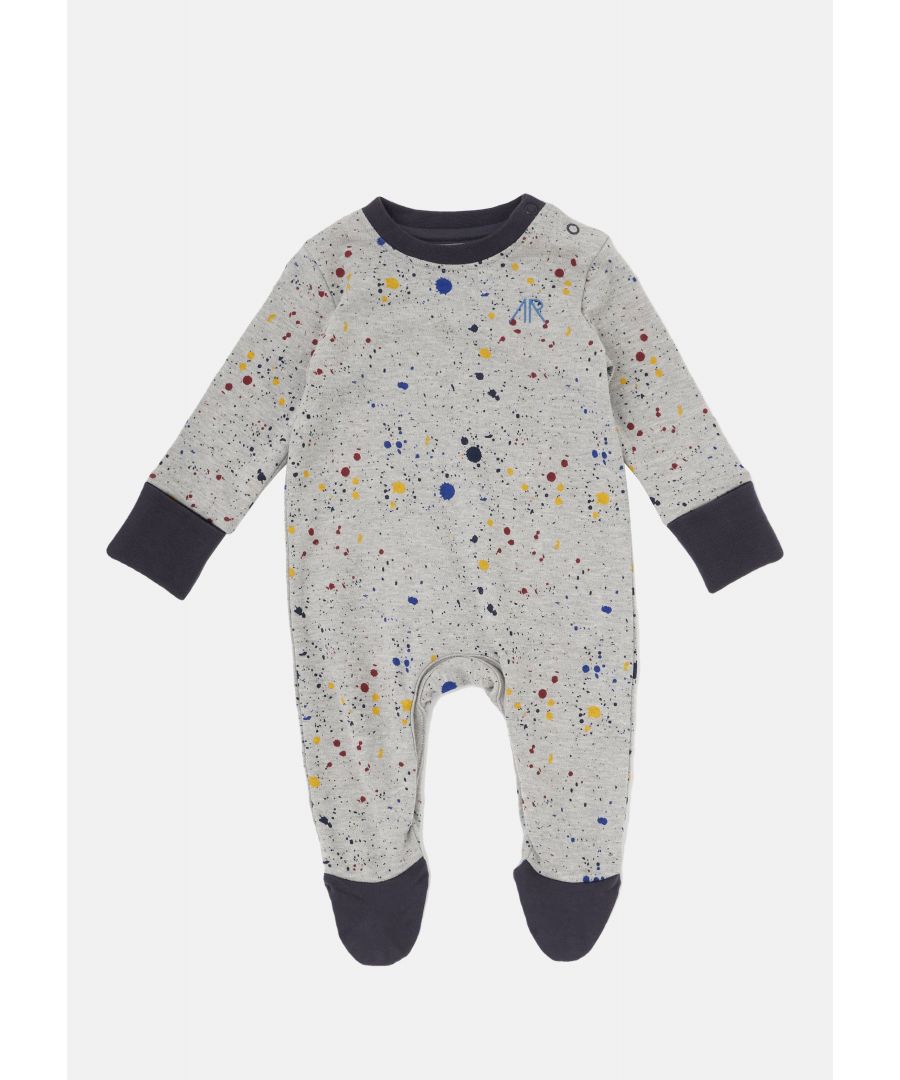 Cool all over paint splatter onesie with matching top knot hat. Functional kangaroo pocket detailing  made in super soft cotton jersey with popper leg opening for easy fuss free dressing and logo print on the feet. Older baby onsesies have a ribbed cuff hem for greater freedom when they discover walking!E2237   angel & rocket cares - made with fairtrade cotton   Grey   about me: 100% cotton   Look after me: think planet  machine wash at 30c