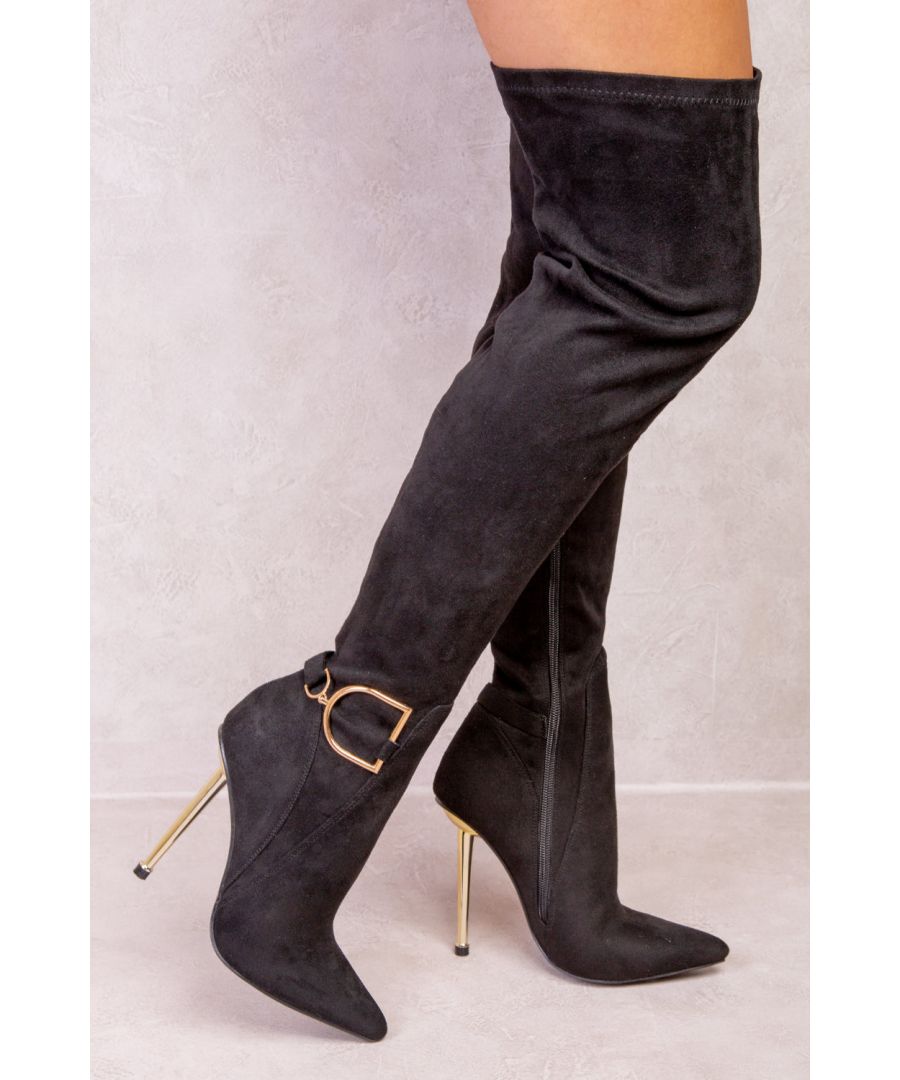 Womens over the knee stiletto high heels with metal buckle.