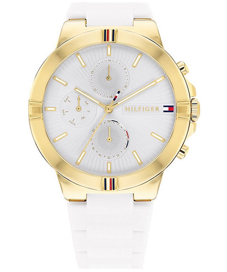This Tommy Hilfiger Talia Multi Dial Watch for Women is the perfect timepiece to wear or to gift. It's Gold 38 mm Round case combined with the comfortable White Silicone watch band will ensure you enjoy this stunning timepiece without any compromise. Operated by a high quality Quartz movement and water resistant to 5 bars, your watch will keep ticking. Thanks to its ultra-soft silicone strap and its bright colour, it will bring a fashionable and modern touch to all your outfits! The choice is yours! -The watch has a calendar function: Day-Date, 24-hour Display, Luminous Hands High quality 19 cm length and 19 mm width White Silicone strap with a Buckle Case diameter: 38 mm,case thickness: 8 mm, case colour: Gold and dial colour: Silver