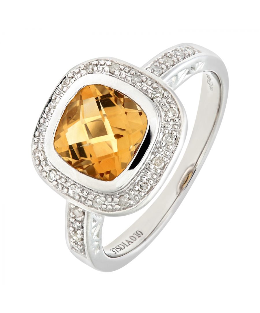 Diamant L'Eternel Womens 9ct White Gold Cushion Shaped Citrine And Diamond Ring - Size K