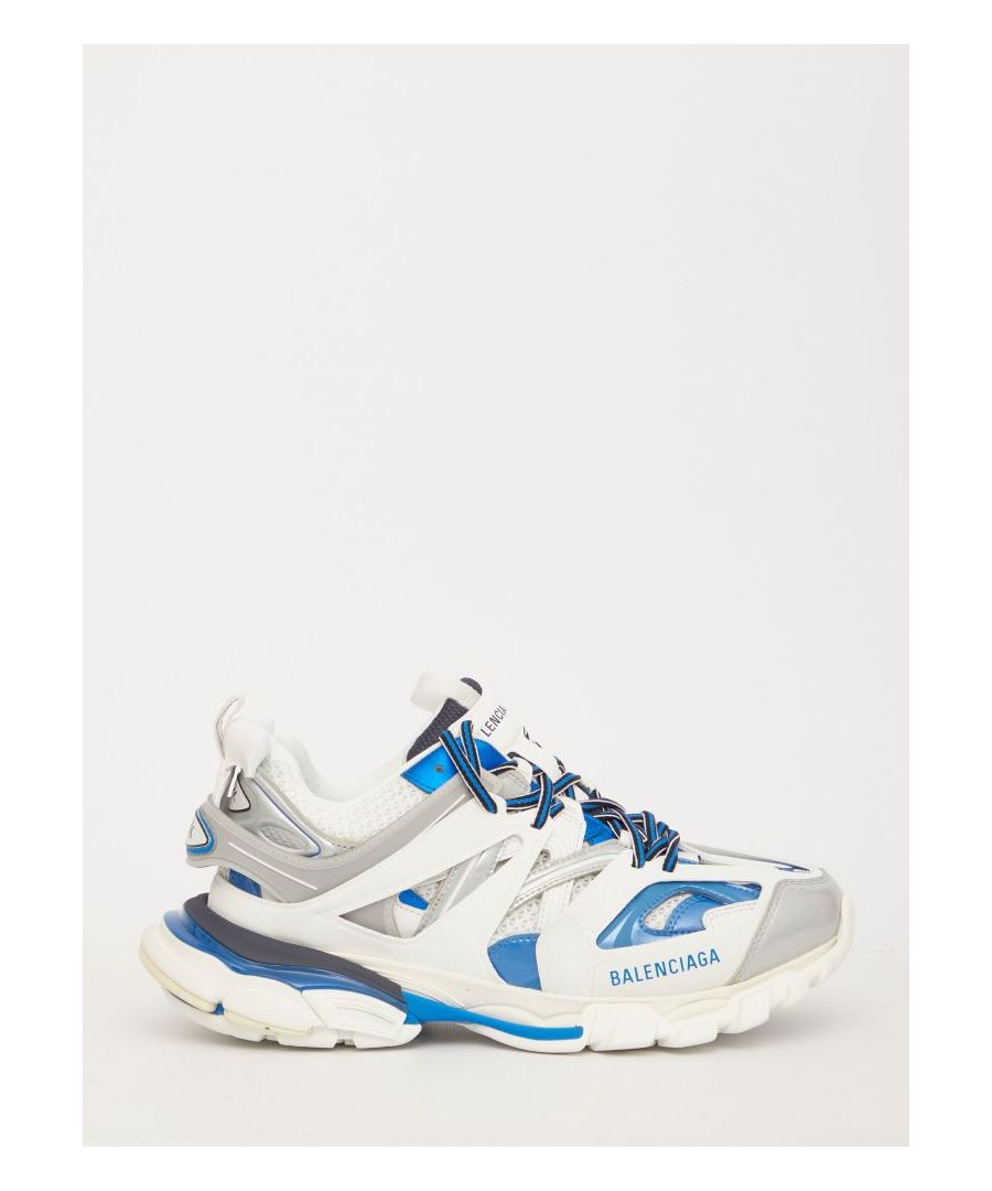 Track sneakers in white, blue and grey metallic mesh and nylon. They feature lace-up closure, written size at the edge of the toe, Balenciaga logo printed on the tongue and on the side, Track logo embossed on heel, BB logo embossed on front of the outsole, rear pull-on tab and dynamic sole design.