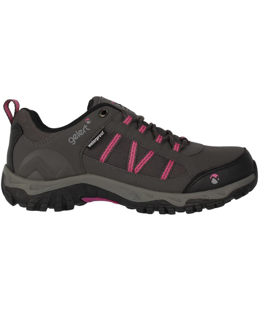 Gelert Horizon Low Ladies Waterproof Walking Shoes The Gelert Horizon Low Ladies Waterproof Walking Shoes are ideal for tackling the great outdoors thanks to a fully waterproof upper with added mesh trim for improved breathability to keep your feet feeling cooler and drier for longer, finally a Gelert moulded sole unit delivers optimum grip even on difficult terrain. Gelert branding provides a great look that also offers instant brand recognition > Ladies walking shoes > Waterproof > Lace-up > Shaped heel > Cushioned ankle > Moulded insole > Aggressive grip pattern > Gelert branding > Upper - synthetic/textile > Lining - textile > Sole - synthetic > Wipe clean with a damp cloth