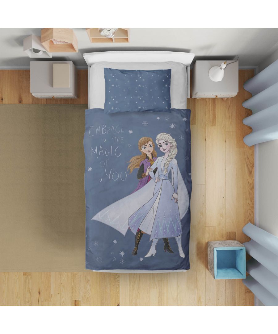 The favourite sisters of Arendelle - Elsa and Anna from Disney Frozen, are back on another adventure. Upgrade your kid's bedroom with this new Frozen Embrace the Magic of You Duvet Cover Set. This 100% cotton bedding features Elsa and Anna on a blue starry night background creating mystique and glory enhancing the sleeptime experience of your kids. It is reversible too so it's like getting two designs for the price of one. \n\nYou can pair this with other accessories like throw and weighted blanket from the Disney Princess and Disney Frozen Collection. This collection is verified by OEKO-TEX® and independently tested for harmful substances. It stands for customer confidence and high product safety.