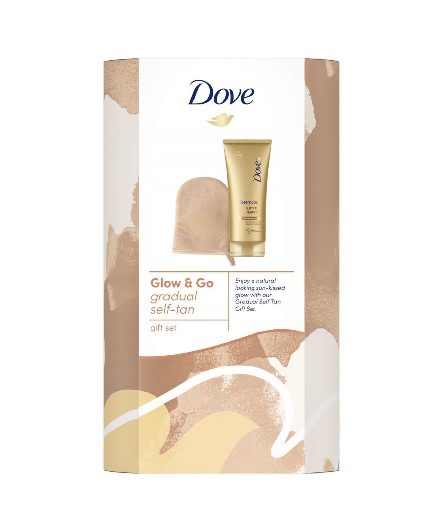 Dove Glow & Go Gradual Self Tan Lotion & Application Mitt Gift Set for Her \n\nKnow someone who loves a natural-looking tan and superior skin care? You've just found the perfect gifts for her. For a sun-kissed appearance without the sunshine, the Dove Glow & Go Gradual Self Tan Gift Set offers a bronzed radiance all year round. Dove DermaSpa Summer Revived Fair to Medium Gradual Tanning Lotion combines the luxury of a home spa experience with extensive expertise in dermatological care. With self-tanners for a natural bronze glow, this self-tan lotion will leave her feeling her best whilst also working as a moisturiser providing 72h active hydration to her skin. \n\nThis set of gifts for women also features a tan application mitt designed specially to make all-over tan coverage easier. Help her look and feel her best no matter the occasion with this selection of pampering gifts from Dove. \n\nFeatures: \nCombines the luxury of a home spa experience \nContaining Cell-Moisturisers and natural-looking tanners \nLeaving skin feeling nourished and smooth for up to 72 hours \nThe tanning moisturiser provides a natural-looking bronze glow \nThis Dove gift set is beautifully packaged in a ready-to-wrap gift box \nThe tanning lotion allows a healthy-looking tan to gradually build over time \nFeaturing a tan application mitt designed specially to make all-over tan coverage easier \n\nHow to use: A smooth surface helps get a more even finish, so start by exfoliating your skin. To enjoy smooth, moisturised skin with a natural-looking tan, massage the lotion evenly over clean, dry skin with circular motions. \n\nGift Set Includes: \n1x Dove DermaSpa Summer Revived Fair to Medium Tanning Lotion, 200ml\n1x Tan Application Mitt