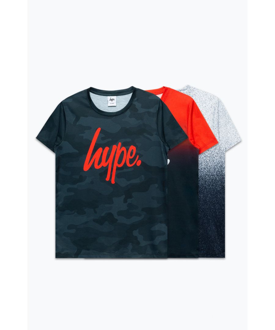 Infant Boys Hype Speckle 3 Pack T-Shirts in camo.- Crew neckline.- Round collar.- Short sleeves.- One in signature camo print  one in mono speckle fade  one in gradient fade.- Iconic HYPE. script logo in a contrasting colour across the front.- Soft-touch fabric.- Regular fit.- Main material: 95% Polyester  5% Elastane. Machine washable. - Ref: Q4EXTRABOY01